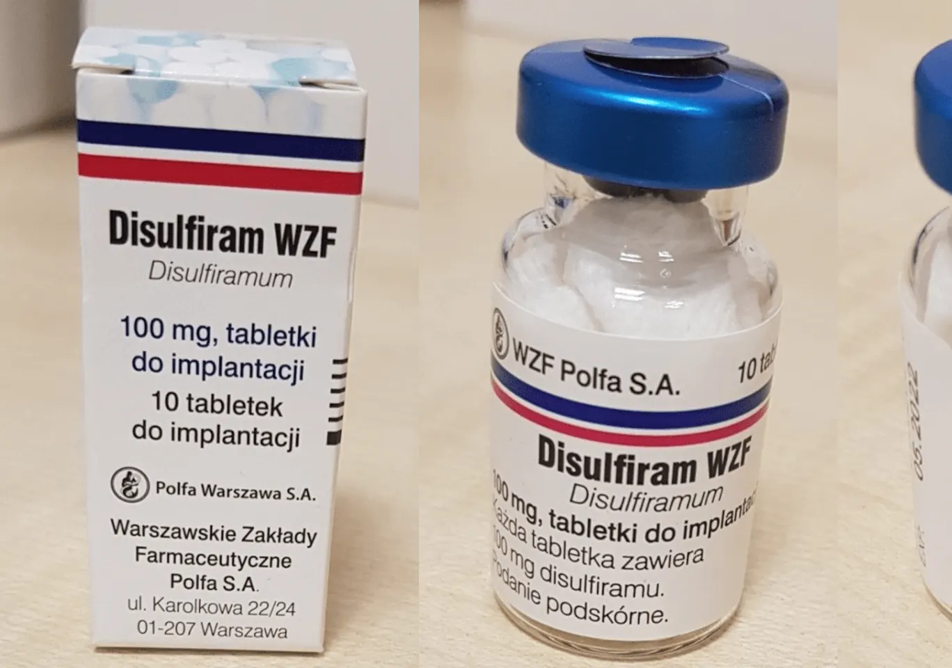 Wszywka alkoholowa Esperal Nowa Dęba: fiolka disulfiramu obok opakowania leku